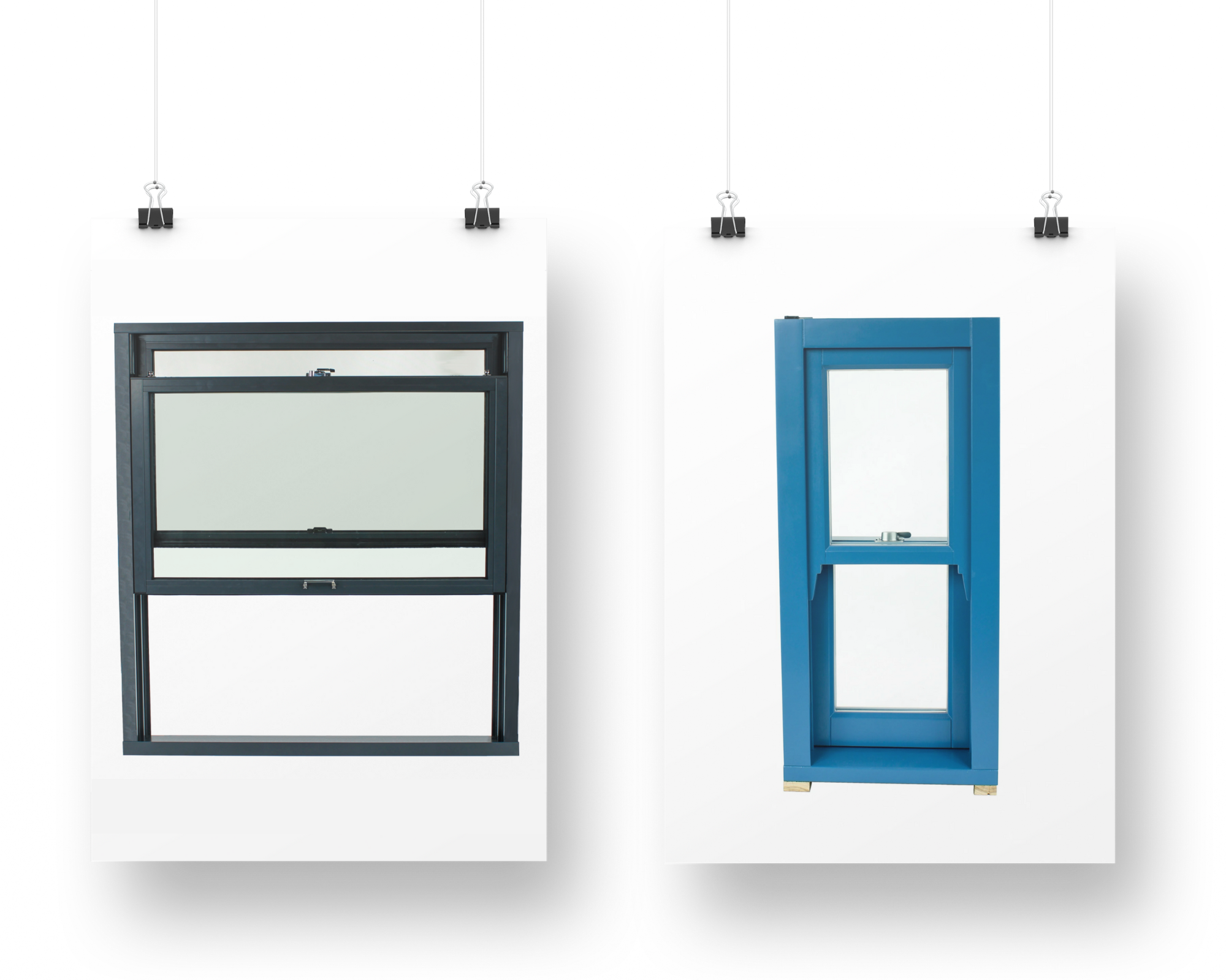 wooden blue window and anthracite aluminum window