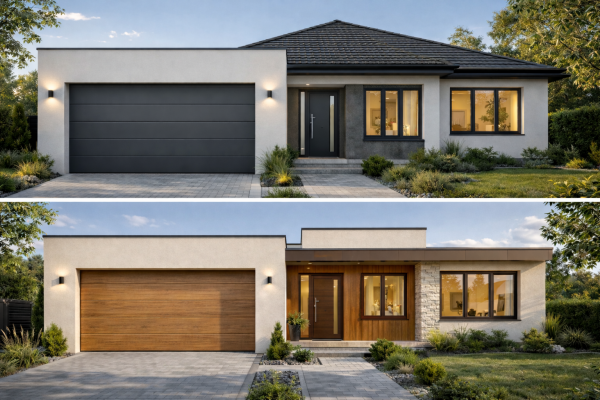 How does a garage door affect the appearance of a house?